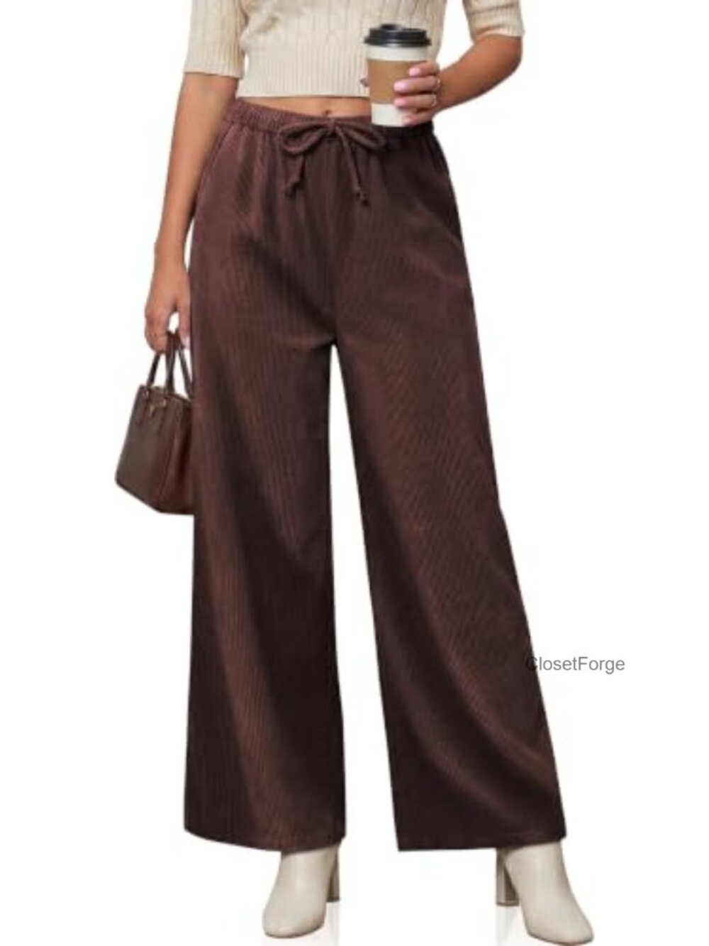 Corduroy Wide Leg Pants High Waisted Drawstring Trousers Casual Work